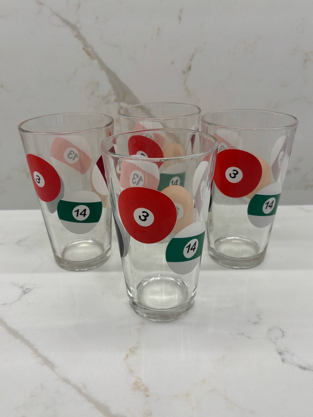 Set of 4 Vintage Luminarc Pool Parlour Billiard Ball Print Pint Beer Glasses Pub